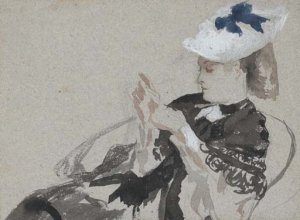 A young woman, seated in profie to the left, wearing a hat