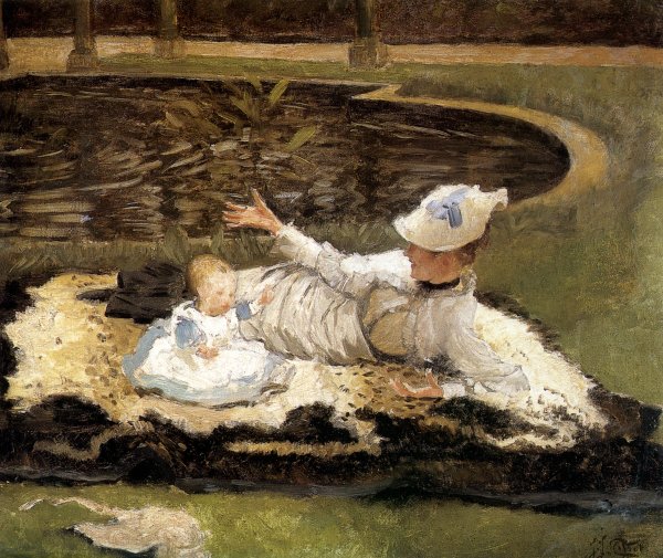 Mrs. Newton with a child by a pool